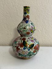 Vtg Chinese Double Gourd Form Cloisonne Vase w/ Floral Insects & Butterfly Dec. picture