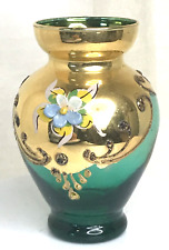 Vintage Handpainted 3” Turquoise/Green Bohemian Czech Glass Vase Floral MCM picture