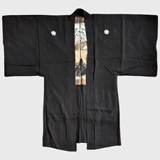 Vintage Men’s Black Formal Silk Haori with Temple Landscape Lining and Crests picture