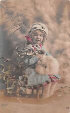 Old Tinted Real Photo Belgian New Year PC-Little Girl on Sled-Mistletoe & Muff picture