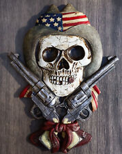Western Vintage Cowboy Skull With USA Flag Hat and Crossed Pistols Wall Decor picture