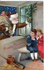 T11-80050 Antique Christmas Postcard embossed circa 1905 Santa finds kids picture
