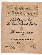 1966 Brotherhood of Railroad Trainmen Certificate for 50 Year Veteran's Emblem  picture