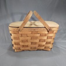 Vtg Vermont Basketville Hinge Lid Slat Woven Wood Picnic Basket Farmhouse 17x10 picture