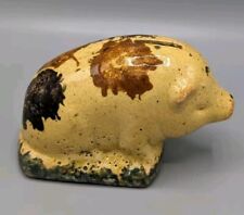 Antique Yellow Ware Stoneware Spongeware Seated Pig Bank Roseville OH Pottery  picture