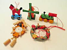 Lot of 5 Vintage Wood Christmas Ornaments MMA Crown Clock Windmill Horse Train picture