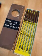 6 Retro Wooden Colored Fondue Forks, Gabeln Rostfrei Rosen Holzgriff picture