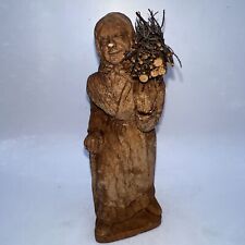 Vintage French Carved Wood Woman Carrying Firewood Made In France Signed SIC 4 picture