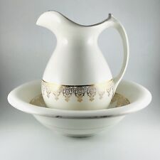 Vintage Edwin M. Knowles Semi Vitreous Wash bowl and Pitcher • White and  Gold  picture