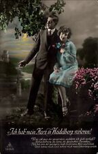 Couple fashionable gray suit blue 1920s dress pink tie flowers dialect ~ c1910 picture