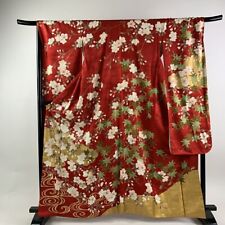 Woman Japanese Kimono Furisode Silk Cherry Blossom Running Water Gol Foil Red picture