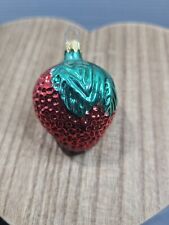 VTG Shiny Red Strawberry Christmas Ornament with Green Leaves 2 1/4