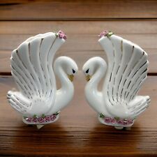 Vintage Pair of Porcelain Swan Vases Pink Roses 7