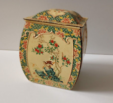 Vintage Asian Inspired Tea Biscuit Tin Made In Holland Floral Square Lidded picture