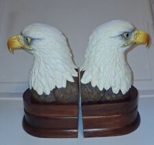 VTG Bisque Porcelain Bald Eagle Bust Bookends on Wood Bases By Andrea Sadek  picture