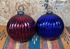 Vintage Large 6'' Ribbed Glass Kugel Style Christmas Ornament Red And Blue picture