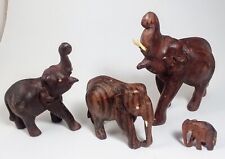 Vintage Hand Carved Wooden Elephants Lot of 4 India Label Adult Juveniles Baby picture