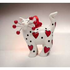 Sweetheart Cat: Hand Painted White Cat with Red Hearts and Beaded Whiskers Gift picture
