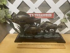 Three Brass Fish With Aquatic Plants On Wooden Base 16” x 8” x 3” picture