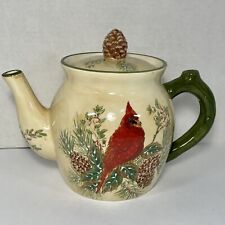 Pacific Rim Hand Painted Ceramic Teapot Cardinal and Pinecone Winter Holidays picture