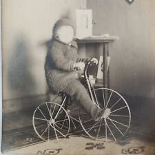Vtg Photograph Faceless Blur Little Boy Tricycle Sweater Freaky Oddity Ghost picture