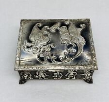 Rare 1940s Silver Plated Trinket Box Phoenix Bird Tribal Men Art Wood Japan 18 picture