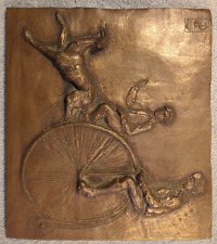 Bronze DP Peche Relief 1920s Unicycles Greyhound Dog Tile Plaque Home Decor Vint picture