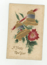 Vintage New Year  Postcard  RAISED RELIEF    GOLD BELLS  POINTSETTIA    UNPOSTED picture
