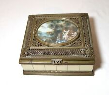 antique ornate Italy bronze filigree celluloid landscape mini painting wood box picture