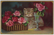 Antique Kitten Cat Roses Basket Goblet Helena Maguire Emb Gilded PC Vtg c1909 picture