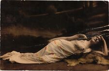 Hand-Painted Woman Posing on Fur Art c1908 Postcard picture