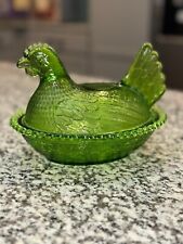 Vintage Indiana Glass Avocado Green Hen On Nest | Missing One Bead picture