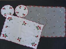 Vtg Embroidered Applique Marghab Strawberries Organdy Runner Place Mat Coasters picture