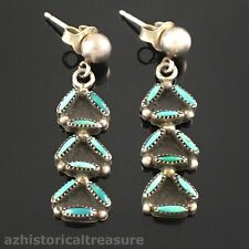 NATIVE AMERICAN ZUNI HANDMADE STERLING SILVER & TURQUOISE NEEDLEPOINT EARRINGS picture