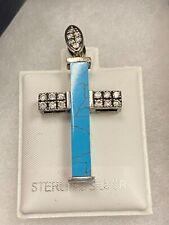 VINTAGE 925 STERLING SILVER  GENUINE TURQUOISE CZ STONES CROSS CHARM PENDANT NEW picture
