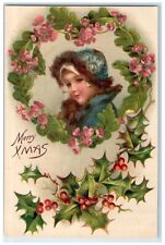 c1910's Christmas Little Kid Flowers Holly Berries Nash Embossed Postcard picture