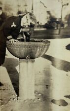 Little Boy In Navy Uniform Leaning Over Water Fountain B&W Photograph 3.25 x 5.5 picture