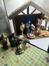 Holiday Time Nativity Set 13 Piece Porcelain Wooden Manger Original Box picture