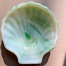 VTG Akro Agate Slag Glass Scallop Shell Trinket Dish Green White Swirl USA picture