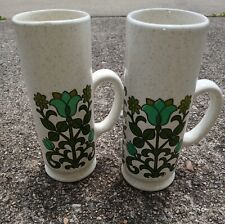 Vintage Green Floral Espresso  Coffee Mugs  Set of 2 Ceramic Retro Drinkware  picture