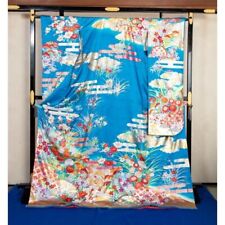 Woman Japanese Kimono Furisode Silk Sky blue Flowers from japan picture