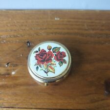 Vintage Pill Box Made In Japan/floral Lid/3 Divided Compartments/gold Tone picture