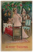 Antique 1907 Christmas Postcard Santa Claus Looking In Window, Mother Child picture