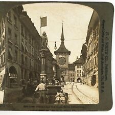 Bern Zytglogge Clock Tower Stereoview c1901 Switzerland Street Fountain A2306 picture