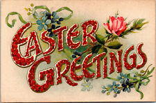 Vtg 1910s Easter Greetings Red Blue Flowers Pink Rose Embossed Postcard picture