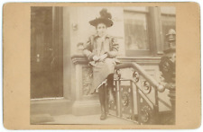 CIRCA 1880'S Named CABINET CARD Girl in Fancy Clothing & Hat Outside on Banister picture