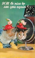 Vintage Real Dressed Cat Red Hat Blue Dress Looks in Mirror 1950s Postcard picture