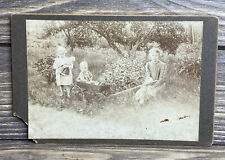 Vintage Black And White Photo Matted On Black Card 3 Children In Field Wagon picture