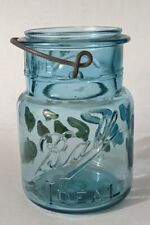 Antique Vintage Ball Blue Green Glass Mason Lightening #10 Jar Handpainted JD picture