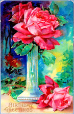 Antique Birthday Postcard~PINK ROSES w/ GOLD Outlining~CRYSTAL VASE~Green Forest picture